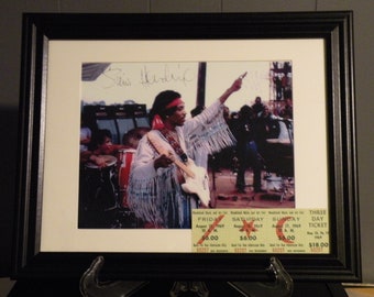 Jimi Hendrix Woodstock Framed Reproduction Photo, Autograph & Ticket.
