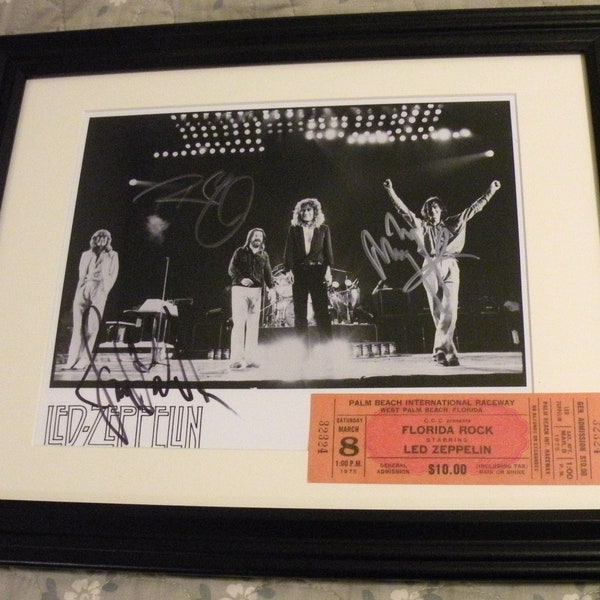 Led Zeppelin Band Autograph in Quality Framed Photo and ticket Reproduction Signed by the Legendary Rock band