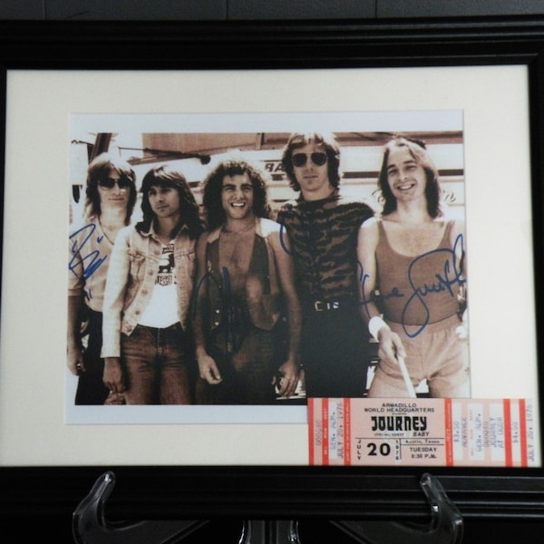 Journey, Band Autograph in Quality Framed Photo and Austin Ticket Reproduction Signed by the Legendary Rock band