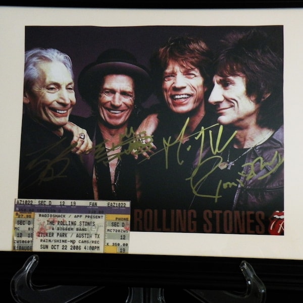 The Rolling Stones Band Autograph in Quality Framed Photo and ticket Reproduction Signed by the Legendary Rock Band