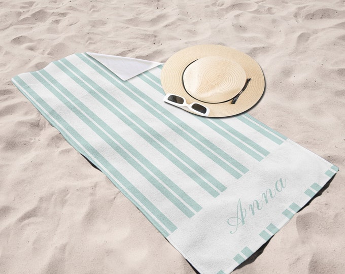 Personalized Beach Towel, Custom Beach Towel with Name, Unique Holiday Gift, Thin Striped Beach Towel for Adult/Youth/Kids, 5 Colors