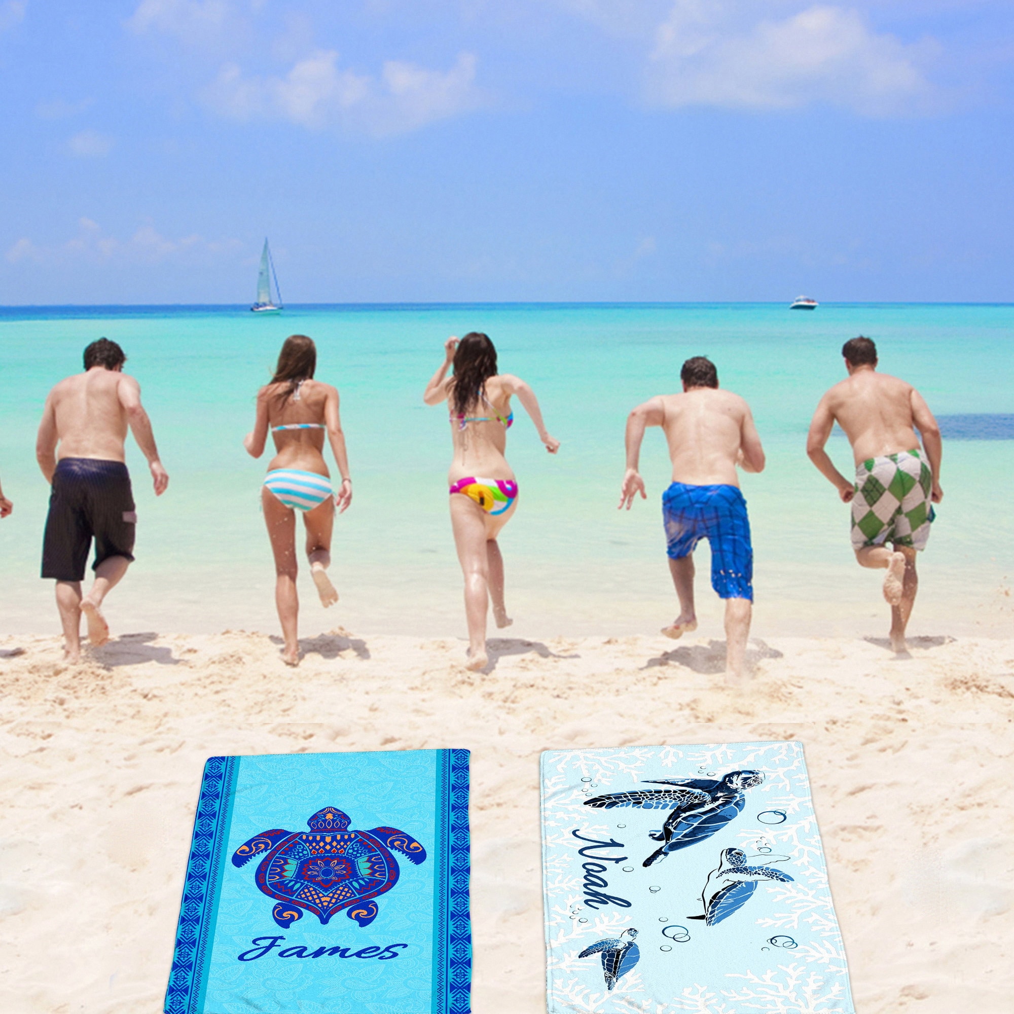 💖Buy 2 Free Shipping💖Custom Colourful Sea Turtle Beach Towel, Personalized Beach Towel with Name, Outside Vacation Gift