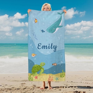 Personalized Kids Beach Towel: Ocean Animal Pattern, Vacation Gift
