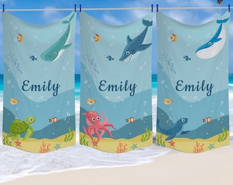 Personalized Kids Beach Towel, Custom Name Beach Towels for Girls/Boys, Vacation Gift, Beach Towels With Seal and Dolphin