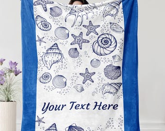 Custom Seashell Kid Name Blanket, Personalized Ocean Theme Gift for Boy Girl