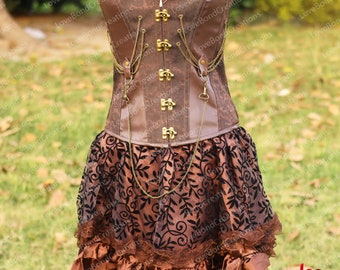 Renaissance Steampunk Pirate Corset, Plus Size Brown Bodice Corset, Overbust Gothic Ren Faire Corset, Aesthetic Halter Neck Witchy Corset