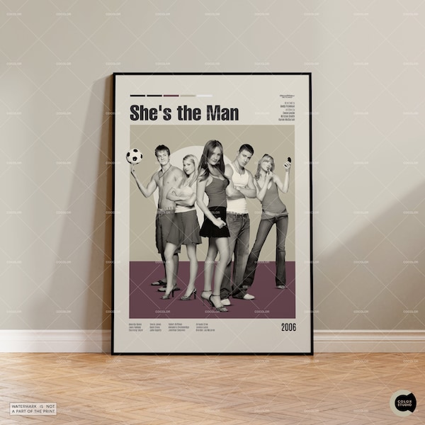 She's the Man, Andy Fickman, Vintage Movie Poster, Retro Modern Poster, Vintage Inspired, Mid Century Modern Poster, Custom Movie Poster