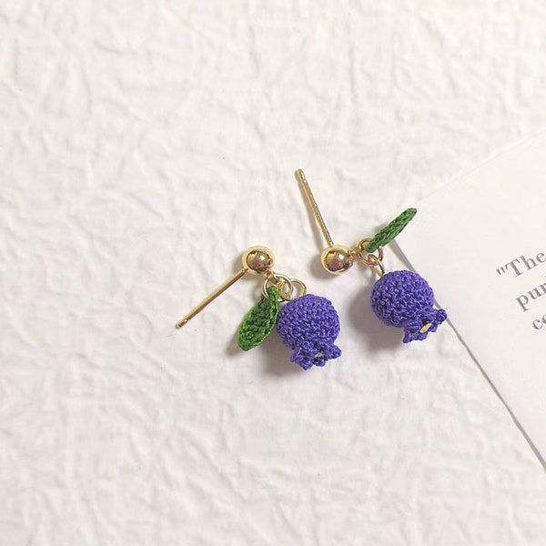 Hand Knit Polyester Bluebery Earrings, Handmade Fruit Earrings, with Green Leaf and Gold Pin Accents