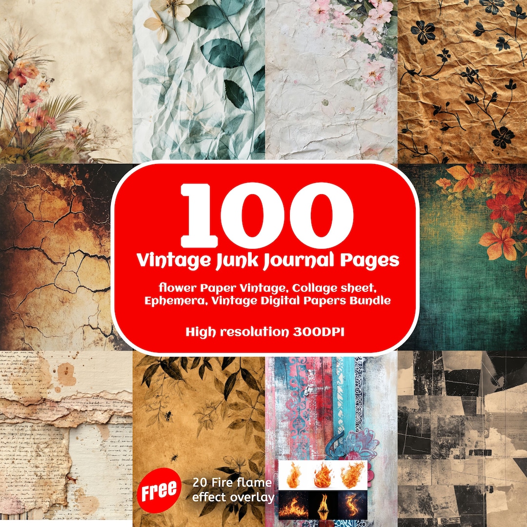 100 Junk Journal Pages, Printable Shabby Pages, Flower Paper Vintage ...