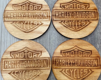 Harley Davidson Wooden Coasters Set of 4 Handmade Laser Engraved Motorcycle Wood