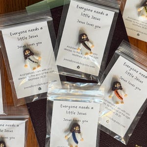 Mini Jesus figure ~ Everyone needs a little Jesus ~ Pocket size Christian gift ~ Matthew 28:20 ~ Bible study ministry church ~ small favor