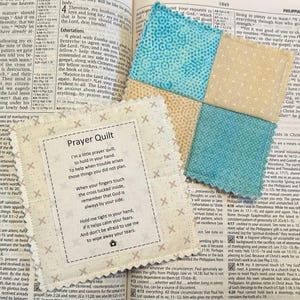 Mini Prayer Quilt | Aqua & Tan | Pocket Prayer Quilt with wooden or plastic cross | Printed prayer poem | Prayer card | Gift | HANDMADE