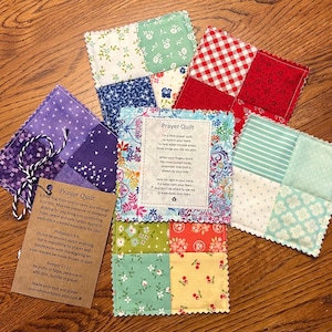 Mini Prayer Quilt | Set of 6 ~ Bulk | Pocket Prayer Quilt | Wooden or plastic cross | Prayer card | Bible verse | Handmade | Gift