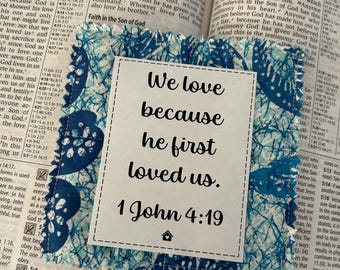 Pocket Prayer Quilt | 1 John 4:19 | Wooden or plastic cross | Printed prayer poem | Prayer card | Handmade | Gift | Bible verse