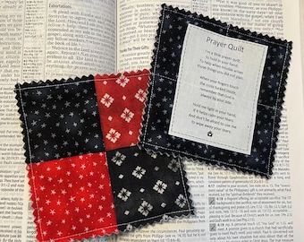 Mini Prayer Quilt | Black & Red | Wood or plastic cross | Pocket prayer quilt | Printed prayer poem | Prayer card | Handmade Christian gift