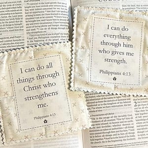 May include: Two fabric squares with the text "I can do all things through Christ who strengthens me" and "I can do everything through him who gives me strength." Both squares feature the Bible verse Philippians 4:13.