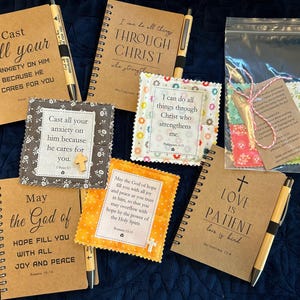Pocket Prayer Quilt with spiral notebook and pen | Wood or plastic cross | Printed prayer poem | Prayer card | Bible verse | Handmade gift