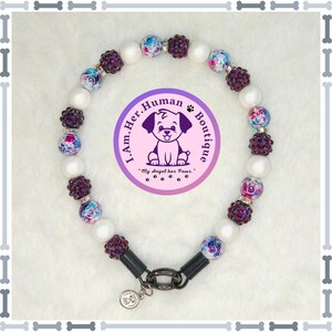 Elegant Treasure | Custom | Durable | Slip On | Small | Bubblegum Bead | Beaded Dog Collar | Dog Pearls | Dog Necklace | Purple White Blue