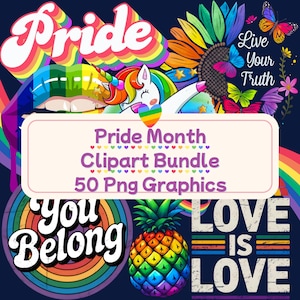 Lot de 50 cliparts PNG fierté, LGBTQIA + Art Gay Lesbiennes Bi arc-en-ciel graphiques, fier allié amour égalité d'inclusion, téléchargement numérique Happy Pride