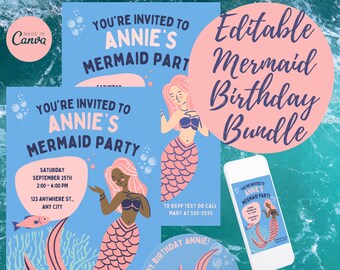 Mermaid Birthday Invitation Template. Editable Under the Sea Birthday Invite. Girl Mermaid Birthday Party. Pink Purple Blue