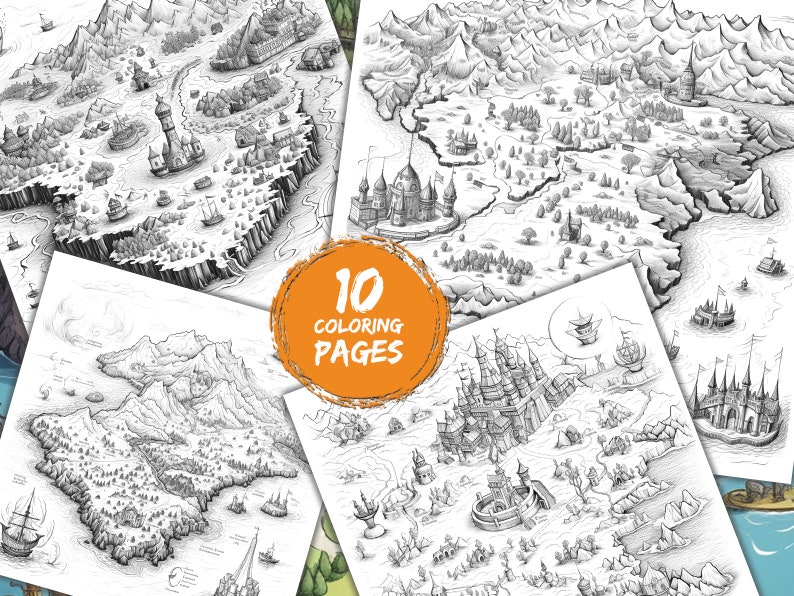 10 Printable Fantasy Map Coloring Pages Coloring Book Adults Kids Grayscale Coloring Instant ...