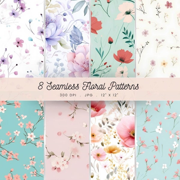 8 Floral Watercolor Seamless Pattern Bundle, Floral Backgrounds, floral digital design pack, Scrapbook digital paper JPG, Floral wall art