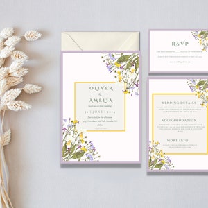 May include: Wedding invitation suite with floral accents. The invitation, RSVP card, and details card feature a lavender border and a yellow frame. The invitation reads "Oliver & Amelia" and the date "10 | June | 2014".