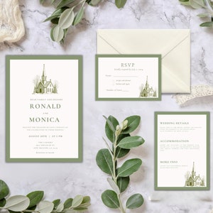 Traditionele kerk-geïnspireerde groene trouwkaarten: klassieke elegantie | Uitnodiging | Envelop | RSVP-kaart | Detailkaart 4-delig voorbeeld