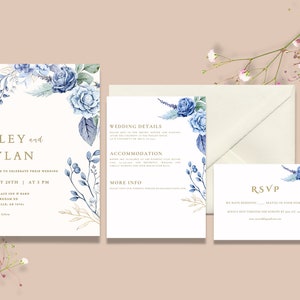 Wunderliche Blau und Baby Blaue Blumenhochzeits-Einladungen: Traumhochzeit | Einladung | Umschlag | Antwortkarte | Detailkarte 4-PC Probe