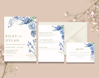 May include: Wedding invitation suite with blue and gold floral designs. The invitation includes the names Riley and Dylan, the date August 20th, and the time 5 PM. The details card includes the headings Wedding Details, Accommodation, and More Info. The RSVP card includes the text RSVP, We have reserved, Seating in your honor, Kindly return this card by, and a website address.