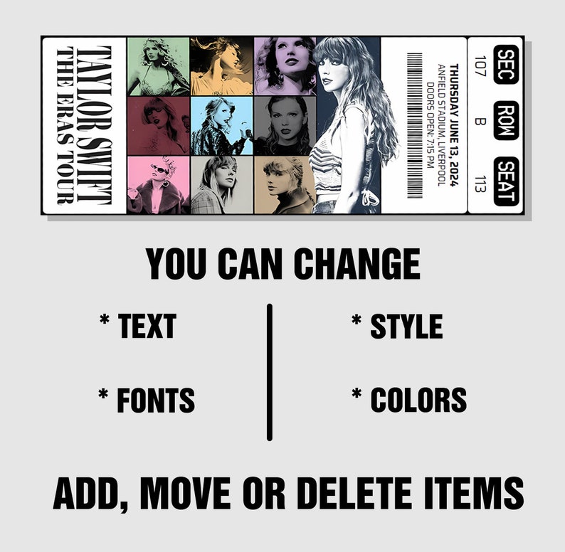 Printable Taylor Swift Ticket the Eras Tour 2024 Concert Show Pass ...