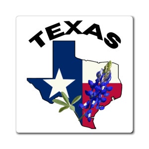 Puede incluir: Un fondo blanco con un contorno negro del estado de Texas. El estado está relleno con los colores de la bandera de Texas: azul, blanco y rojo. Una flor de lupino azul se encuentra en el centro del contorno del estado. La palabra "TEXAS" está en letras negras sobre el contorno del estado.