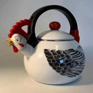 Tetera silbante vintage Kamenstein con forma de gallo | Tetera esmaltada con forma de gallina | Artículos de cocina estilo Memphis de los años 80 y 90