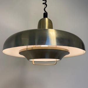 Lámpara colgante vintage Dijkstra UFO con interruptor de tiro | Diseño holandés de mediados de siglo, metal cepillado, años 60-70
