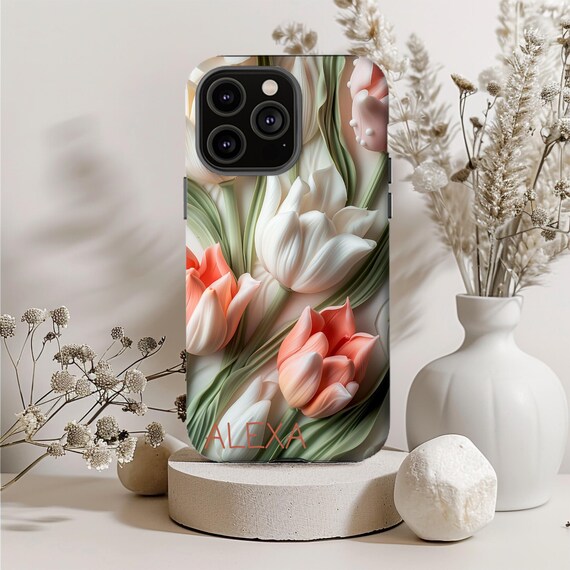 3Dチューリップフラワーのスマホケース：iPhone、Pixel、Samsung向けの