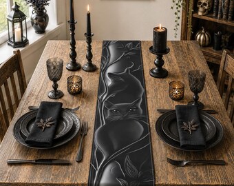 Chemin de table chat noir | Décoration de salle à manger gothique d'Halloween, esthétique de sorcière, cadeau effrayant pour la maison