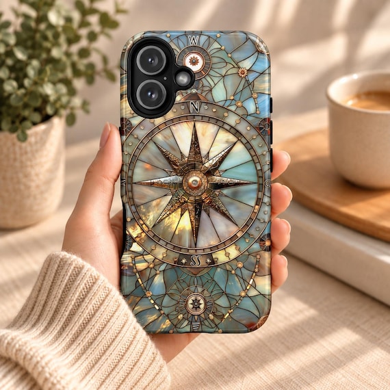 Vintage Compass Stained Glass Phone Case: Personalized Dual Layer Cover for iPhone, Galaxy or Pixel
