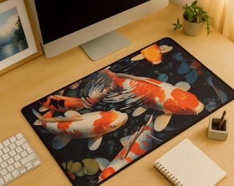 Alfombrilla de escritorio japonesa grande con diseño de pez koi: alfombrilla de ratón para estación de trabajo con arte tranquilo