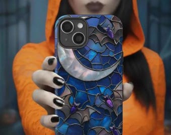 Phone Case Stained Glass Moonlit Bats | Gothic Halloween Art, Spooky Gift, iPhone Samsung Pixel Galaxy