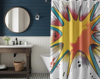 Shower Curtain Pop Art Comic Book | Retro Superhero Bathroom Decor, Fun Home Gift, 71x74