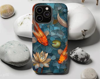 Koi Pond Phone Case: Stained Glass Look, Dual Layer Protection