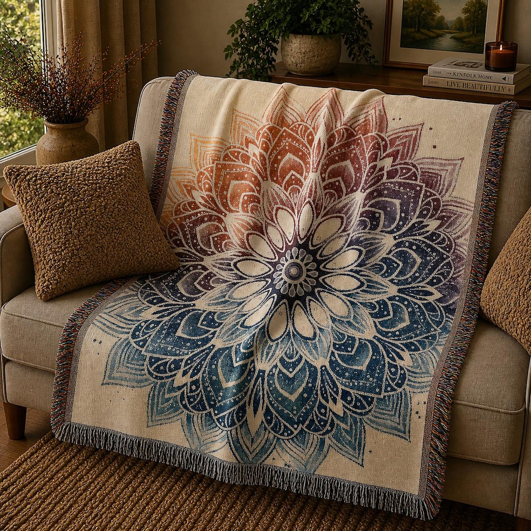 Woven Blanket Gradient Mandala | Bohemian Art Cotton Throw, Yoga