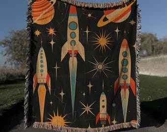 Woven Blanket Retro Space Age | Mid Century Modern Rocket Cotton