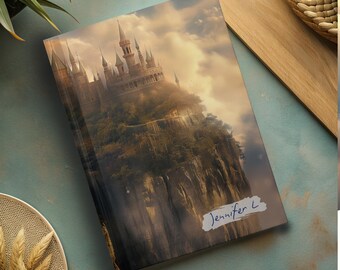 May include: A personalized notebook cover featuring a fantasy illustration of a castle perched atop a cliff, with a cloudy sky and a handwritten name "Jennifer L" on a sticker. The text "CUSTOMIZE ME!" is printed at the bottom of the image.