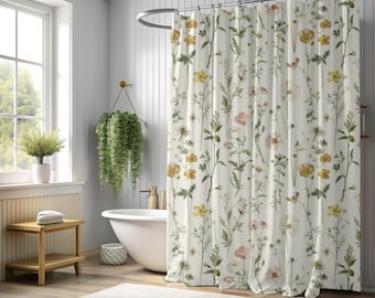 Watercolor Wildflower Shower Curtain 71"x74" Pastel Floral Cottagecore Botanical Bathroom Decor Soft Flowers Nature Art Farmhouse Aesthetic
