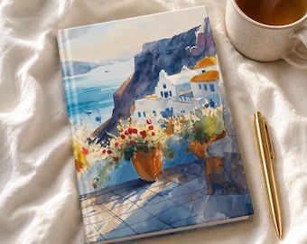 Personalized Travel Journal Santorini | Watercolor Greece Art, Greek Vacation Gift, Lined Hardcover