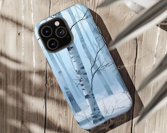 May include: A phone case with a wintery forest scene. The case features a blue and white design with birch trees and a snowy ground.
