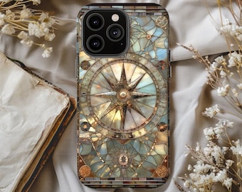 Funda para teléfono con diseño de brújula vintage y vidrieras: Funda personalizada de doble capa para iPhone, Galaxy o Pixel.
