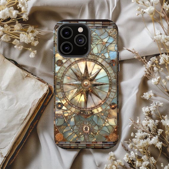 Vintage Compass Stained Glass Phone Case: Personalized Dual Layer Cover for iPhone, Galaxy or Pixel