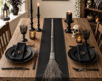 Tischläufer Hexenbesen | Gothic Halloween Esszimmer Dekor, Cottagecore, Gruseliges Geschenk